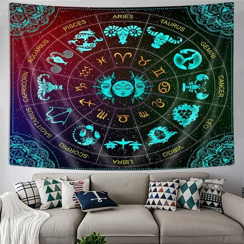 Miniatura 3 de VeiVian Tapiz de pared de astrología del zodiaco, constelación de sol y luna, arte de luz negra, mandala trippy bohemio para dormitorio, sala