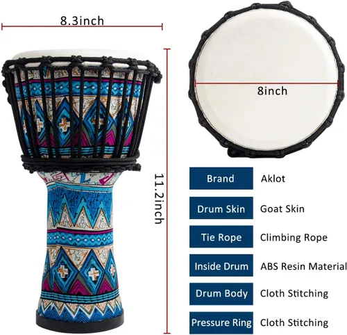 Miniatura 5 de Tambor africano de Djembe, estándar 8 '' tambores cosidos tela azul del Congo, tambor profesional del bongo con la cabeza del tambor de la piel