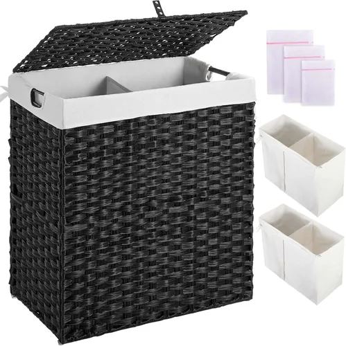 Miniatura 8 de Greenstell Cesta para la ropa sucia con 2 bolsas de forro extraíbles – Cesta de ropa dividida de 90 L, cesta de lavandería plegable de ratán Gris