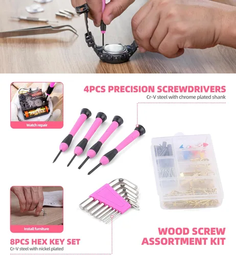 Miniatura 4 de Juego de herramientas de 143 piezas rosa para propietario de casa con destornillador inalámbrico de 3.6 V, kit de herramientas manuales