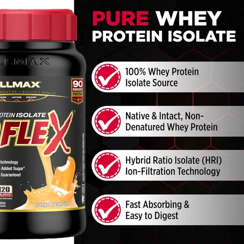 Miniatura 2 de AllMax Nutrition ISOFLEX Proteína aislada de suero, Sabor a Naranja y Crema - 2 lb (907 g) - 27 Gramas de Proteína por Cucharada - Cero Grasa
