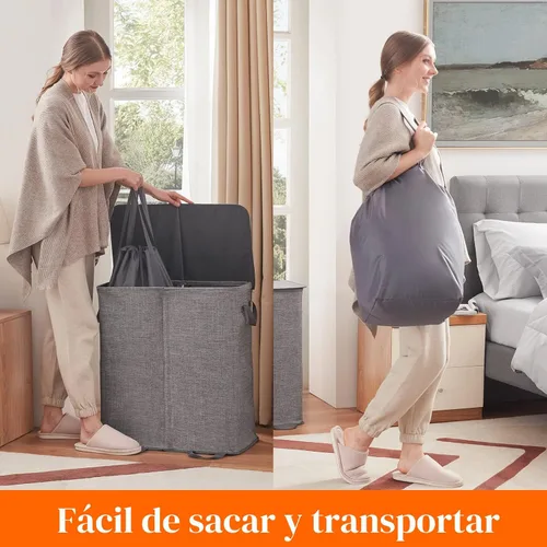 Miniatura 5 de Lifewit - Cesta de lavandería doble con tapa y bolsas de lavar extraíbles, cesta grande plegable con 2 divisores para ropa sucia, con asas para Gris