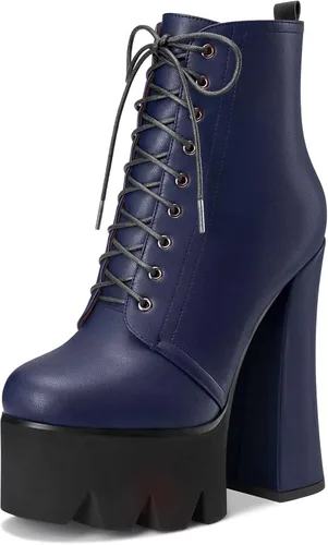 Miniatura 12 de HDEUOLM Botas de tobillo con tacón alto de bloque grueso para mujer, puntera redonda, botines cortos con cordones y cremallera, zapatos clásicos