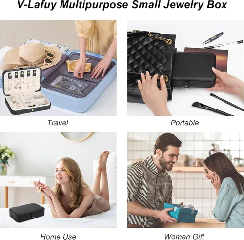 Miniatura 37 de Joyero pequeño, joyero de viaje portátil para mujer, mini organizador de viaje de 2 capas, regalo para mujeres y niñas, negro A