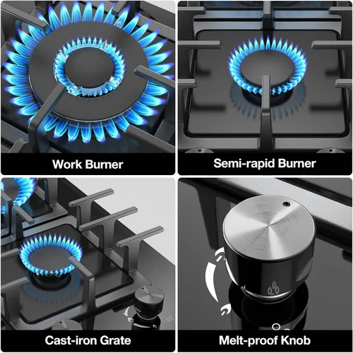 Miniatura 3 de Estufa de Gas de 2 Quemadores Tope de Cocina de Propano, Tope de Cocina de Gas de Vidrio Templado de 12 Pulgadas Quemador de Gas de Acero Inoxidable