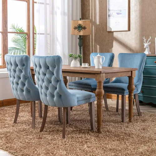 Miniatura 2 de Juego de 4 sillas de comedor de terciopelo, sillas de comedor tapizadas con respaldo de alas altas con ribete de cabeza de clavo, patas de madera