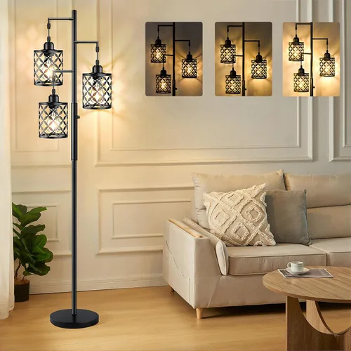 Miniatura 8 de Lámpara de pie regulable, lámpara de pie de granja con elegante jaula de metal, lámparas de pie industriales de árbol alto para sala de estar, Negro