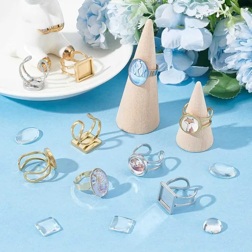 Miniatura 5 de SUNNYCLUE Anillo de dedo, base de anillo ajustable en blanco, media redonda, base de cabujón plano, configuración de bandeja de bisel para kit