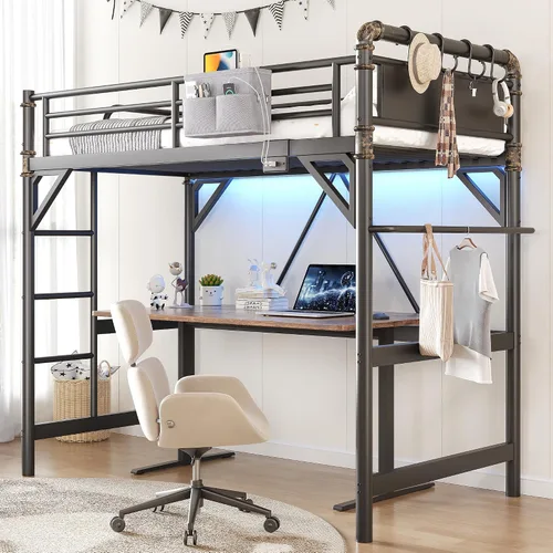 Miniatura 9 de Cama tipo loft de tamaño individual con luces LED y estación de carga, marco de cama industrial de metal resistente con escalera y barandilla