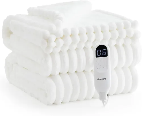 Miniatura 9 de Bedsure Manta eléctrica tamaño matrimonial – Manta térmica de franela gruesa a rayas con 6 ajustes de calor, 10 ajustes de tiempo, temporizador de 8
