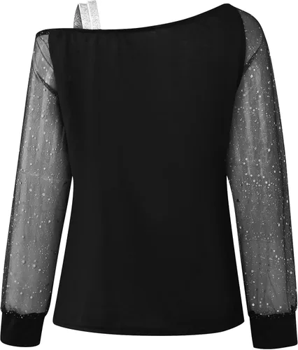 Miniatura 5 de NOKMOPO Tops de otoño para mujer, cuello diagonal de moda, manga larga, cuello de una línea, tops de manga larga para mujer