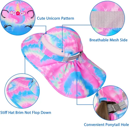 Miniatura 80 de Sombrero de sol para niños, protección UV, unicornio, verano, playa, jugar con ala ancha, solapa para el cuello para niñas y niños