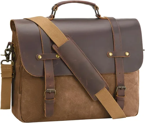 Miniatura 10 de Bolsa de mensajero para hombre, de lona encerada, maletín para laptop de 15.6 pulgadas, estilo vintage, de cuero, impermeable, para la escuela