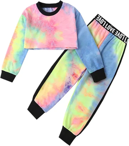 Betusline - Atuendo deportivo de 2 piezas con blusa ombliguera y pantalones para niñas estilo teñido anudado 18 meses a 14 años