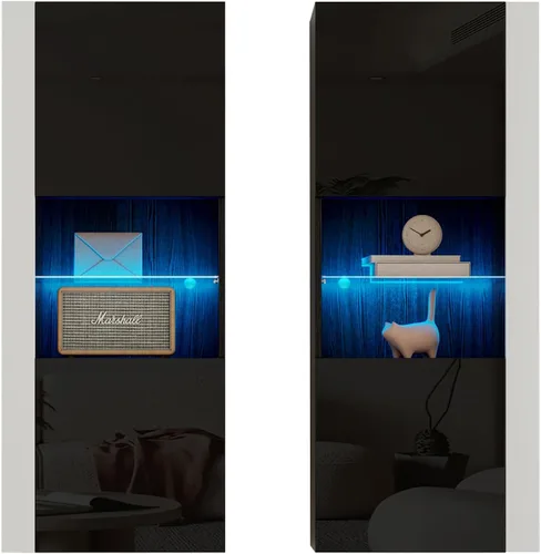 Miniatura 8 de AMERLIFE Armarios de almacenamiento de pared con luces LED, armarios colgantes modernos de alto brillo con 4 puertas cerradas y estantes de vidrio