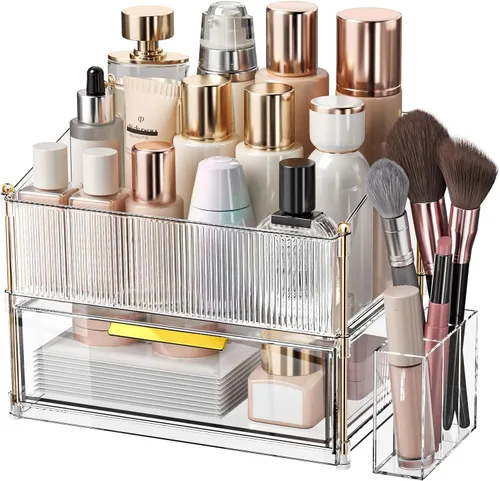 Miniatura 22 de INVSSENE Organizador de maquillaje apilable, almacenamiento de perfume para cuidado de la piel, lápiz labial cosmético, máscara facial, paletas