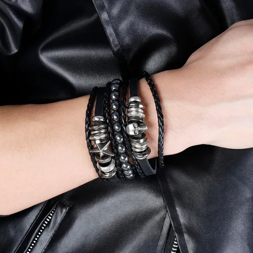 Miniatura 2 de MILAKOO 3 pulseras unisex punk retro góticas de cuero sintético con cuentas de hematita