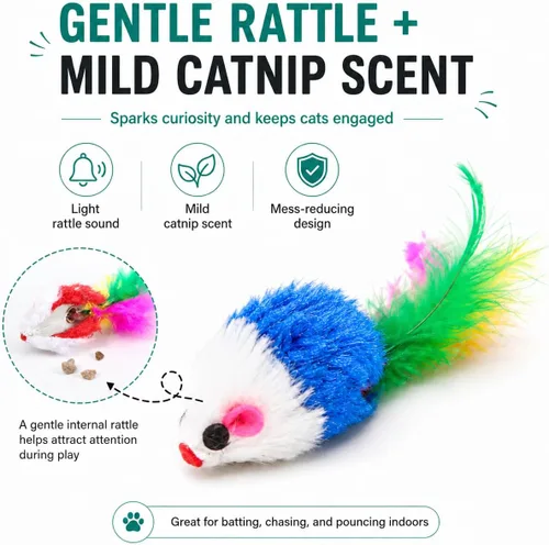 Miniatura 4 de FYNIGO Paquete de 17 juguetes interactivos para gatos de interior, ratones de felpa acentuados con hierba gatera con colas de plumas y sonido
