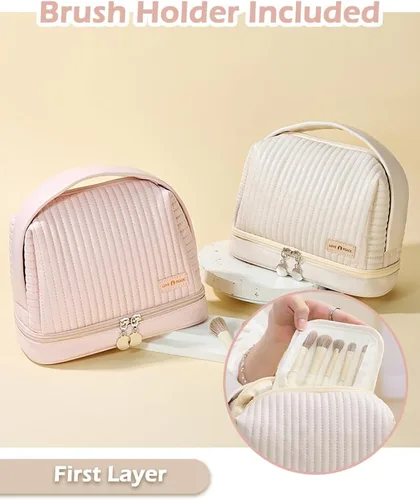 Miniatura 3 de Bolsa de cosméticos para mujer, bolsa de aseo con un compartimento separado, bolsa de maquillaje de viaje con soporte para cepillos extraíble, Rosa