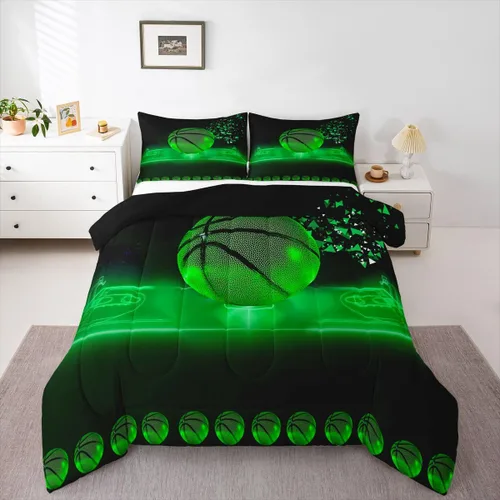 Miniatura 9 de Erosebridal Juego de edredón de baloncesto, tamaño individual, juego de ropa de cama deportiva de neón para niños, niñas, adolescentes, color verde