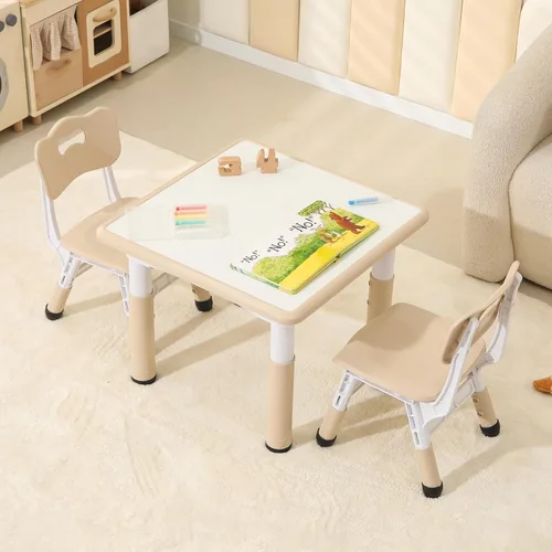 Miniatura 7 de Hulaibit - Juego de mesa y 2 sillas para niños, mesa de altura ajustable para niños pequeños con cubiertas antideslizantes para los pies, mesa