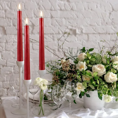 Miniatura 2 de Eywamage Juego de 6 velas cónicas sin llama rojas con control remoto, parpadeantes con batería LED de cera para decoración del hogar Rojo