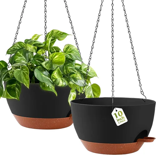 GARDIFE Macetas colgantes para plantas de interior y exterior, juego de 2 macetas colgantes de riego automático con agujeros de drenaje y bandeja