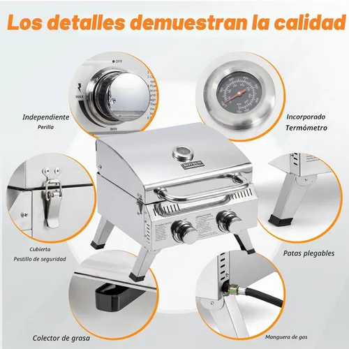 Miniatura 3 de ROVSUN Parrilla de gas portátil de 2 quemadores, 20000 BTU para exteriores, parrilla de propano con encendido, termómetro integrado y cuerpo