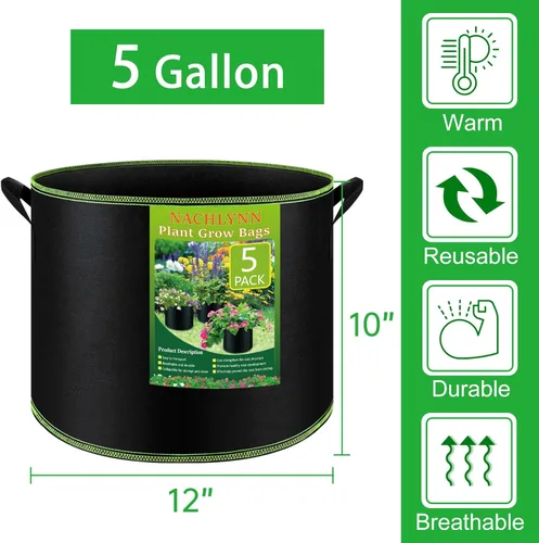 Miniatura 2 de NACHLYNN Paquete de 5 bolsas de cultivo de 5 galones, macetas de tela de aireación resistentes con asas, macetas de tela no tejida gruesa