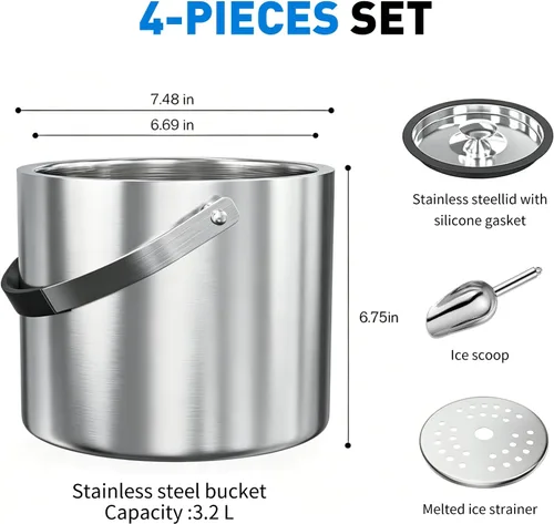 Miniatura 7 de Cubo de hielo de acero inoxidable de doble pared de 3.2L con tapa, cuchara, cubo de hielo aislado actualizado para bar de cócteles y fiestas Plateado