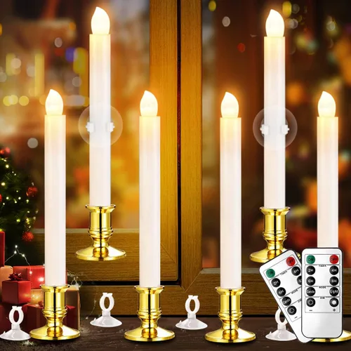 YAUNGEL Velas de Navidad para ventana, paquete de 6 velas cónicas sin llama a pilas para ventanas con temporizador remoto, luces eléctricas con