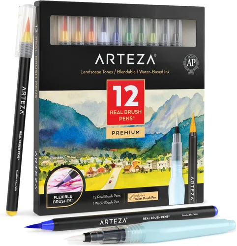 Miniatura 8 de ARTEZA Bolígrafos de pincel real, juego de 12, tonos brillantes, marcadores de acuarela mezclables y 1 cepillo de agua, suministros de arte