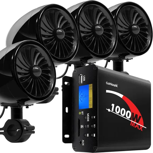 GoHawk Sistema de Audio y Amplificador de Bocinas para Motocicleta, 1000W Bluetooth Impermeable Sistema de Radio de Audio de 4 Pulgadas Radio FM USB