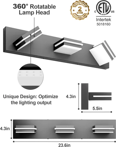 Miniatura 6 de VOLISUN 5CCT Lámparas de Baño sobre Espejo, Regulables, Cabezal Giratorio 360°, 24 pulgadas, 3 Lámparas de Tocador de Baño, Luces LED de Tocador