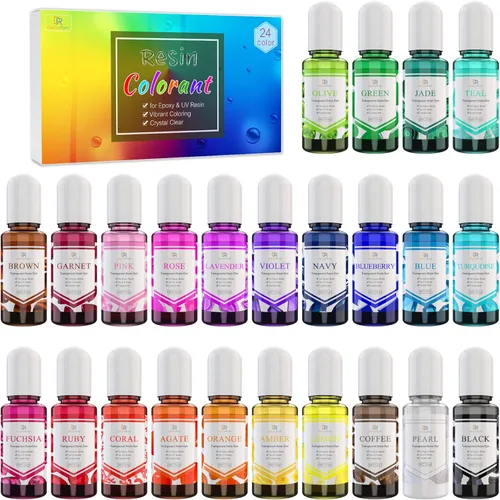 Pigmento epoxi de 24 colores – Tinte transparente para arte de resina de bricolaje, fabricación de joyas, colorante concentrado de resina UV para