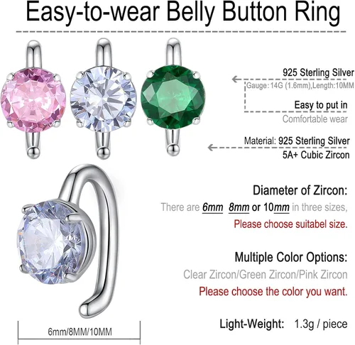 Miniatura 6 de FLYUN Belly Button Ring with Easy-to-wear Hook 14G10MM Hypoallergenic Sterling Silver Belly Ring Belly Piercing Ring Navel Piercing Jewelry