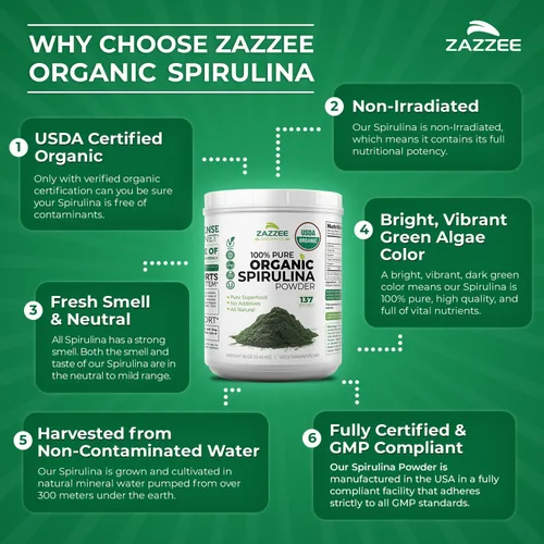 Miniatura 6 de Zazzee Polvo de Espirulina Orgánica, 16 Onzas (1 LB), Certificado USDA, 137 Porciones, 100% Puro, Kosher, No Irradiado, Envase de Boca Ancha Sin