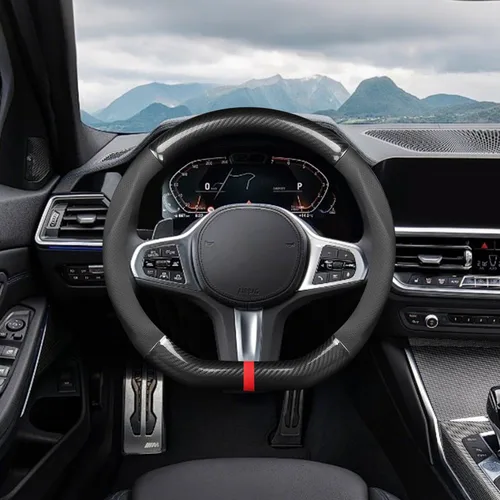 Miniatura 2 de Ergocar Funda antideslizante para volante de automóvil, protector deportivo en forma de D, fibra de carbono y cuero PU, universal para diámetro