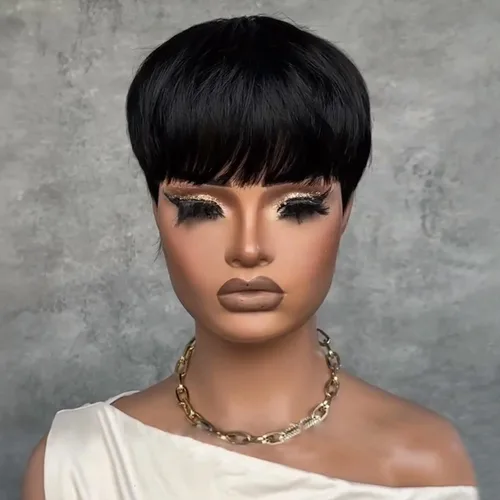 Miniatura 12 de YJOQOKOA Peluca corta de corte Pixie para mujeres negras, peluca de cabello humano lacio negro natural, peluca estilo Bob, pelucas cortas en capas