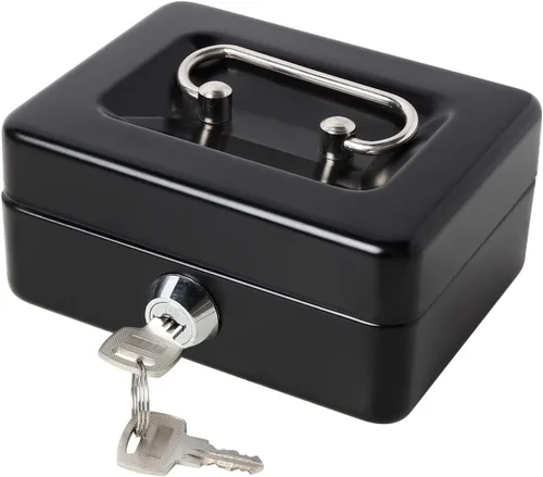 Caja de dinero pequeña con bandeja de dinero y cerradura, caja de dinero de metal para efectivo, caja de seguridad XXS, color negro