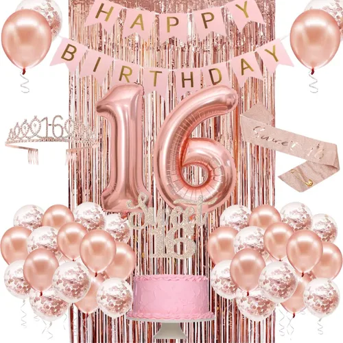 Miniatura 9 de Decoraciones de cumpleaños 21 para ella, pancarta de feliz cumpleaños 21, corona, banda, adorno para pastel y globo con números, decoraciones de 21th