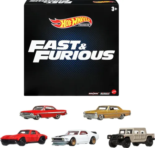 Hot Wheels Cars, Premium Fast & Furious 1:64 Escala 1:64 Paquete de 5 autos de juguete fundidos a presión para coleccionistas, HKF07