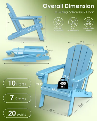 Miniatura 3 de GREENVINES Silla Plegable Adirondack Plástico HDPE Sillas para Fogata Todo Tiempo Portavasos Ártico para Terraza Patio Trasero Patio