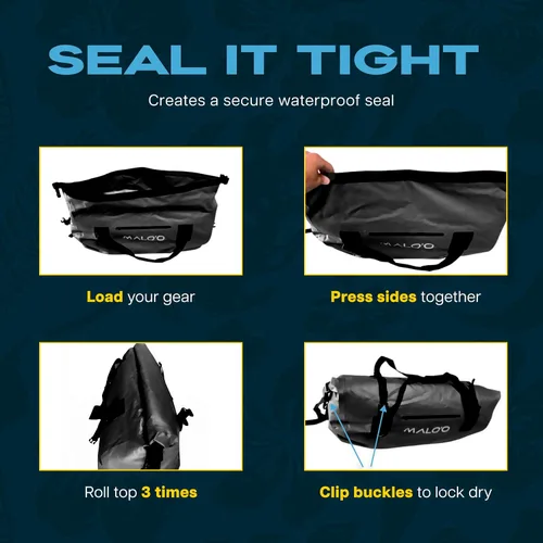 Miniatura 5 de Malo’o Bolsa de lona impermeable seca, Bolsa de equipo resistente de cubierta enrollable impermeable con correas para el hombro y bucles Molle, Negro