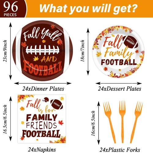 Miniatura 2 de 96 piezas de suministros para fiesta de otoño de fútbol, vajilla rústica de fútbol y otoño, platos, servilletas, hojas de arce, decoración de mesa