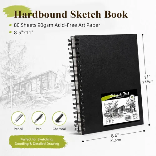 Miniatura 2 de Cuaderno de dibujo de tapa dura con espiral de CONDA, de 9 x 12 pulgadas, para dibujar, pintar y realizar técnicas mixtas Negro