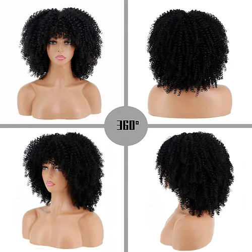 Miniatura 3 de Pelucas rizadas negras para mujeres negras, peluca afro corta negra rizada con flequillo, pelucas sintéticas resistentes al calor, pelucas negras