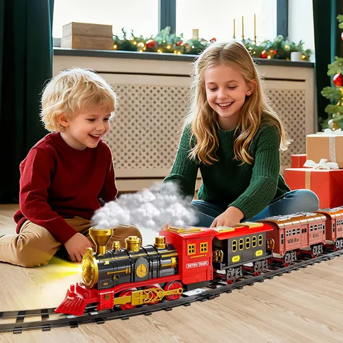 Miniatura 3 de Juego de tren eléctrico para niños, juguetes de tren de Navidad con humo, luz y sonido, pistas de tren de construcción de bricolaje debajo del árbol