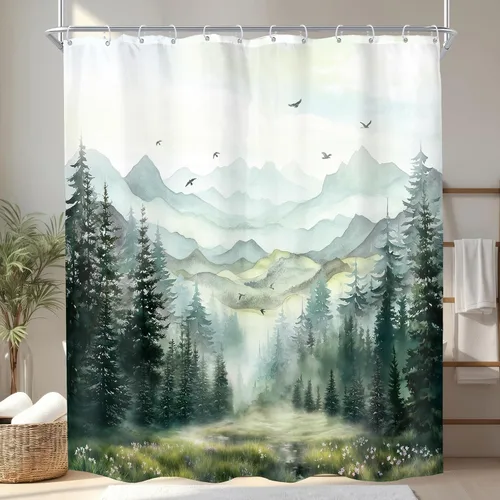 Miniatura 8 de KOMLLEX Cortina de ducha de montaña azul para decoración de baño, 72 pulgadas de ancho x 72 pulgadas de alto, rústico, acuarela, bosque, pino