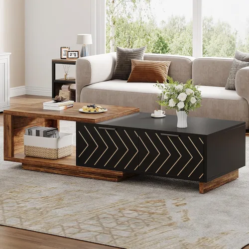 Miniatura 6 de Tribesigns - Mesa de café extensible con 2 cajones de almacenamiento, mesa central de dos tonos con tablero deslizante, mesa de cóctel rectangular